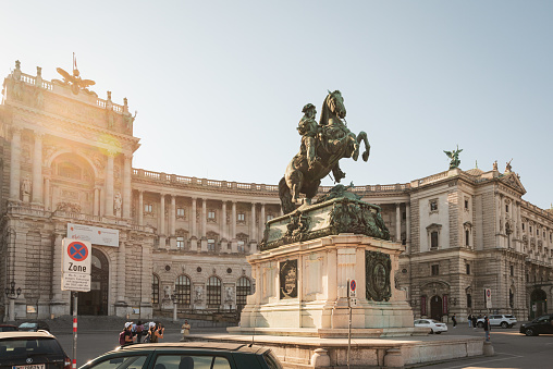 29 Septeber 2023. VIenna Austria. Imperial palace af the austrian Habsburg dynasty at dawn - view on Heldenplatz and Franz Jospeh 1 statue