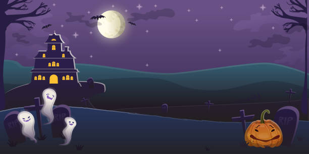 istock Halloween purple background with night moon, with castle, ghosts and pumpkin, graves. 1765673874