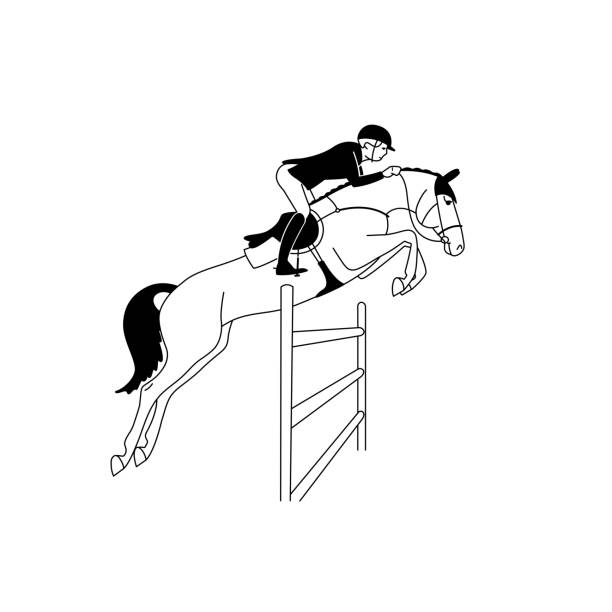 schwarz-weiß-illustration eines springreiters und eines pferdes, die ein hindernis überwinden - horse show jumping jumping performance stock-grafiken, -clipart, -cartoons und -symbole