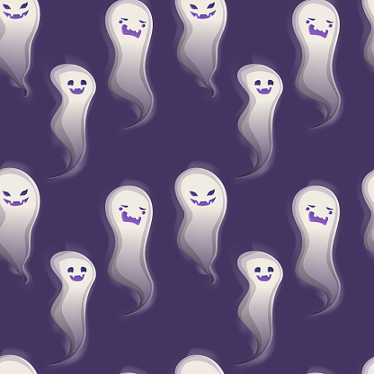 Halloween ghost seamless pattern on purple background. Stock vector illustration isolated in cartoon style.