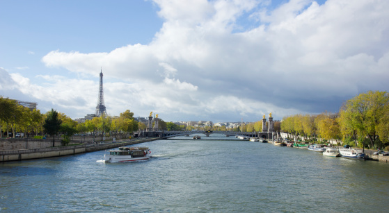 panoramic view of Eiffel Tower with Alexander the Third bridge, Paris, as seen from Seine