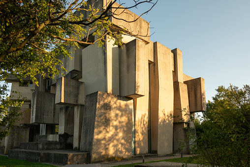 Vienna, Austria. 28 September 2023 exterior of Church of the Most Holy Trinity designed by sculptor Fritz Wotruba in brutalist style of architecture