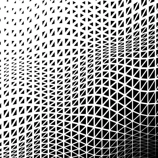 Vector illustration of A dynamic monochrome pattern featuring an uneven geometric mesh gradient, transitioning from sparse triangles at the top left to a dense grid at the bottom right, creating a sense of depth and movement.