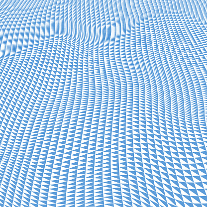 This image depicts a captivating blue 3D surface where waves of warped triangles come together to form a checkered pattern. The design gives a sense of movement and fluidity, enhanced by the play of light and shadow. The perspective depth draws the viewer's eye from the foreground to the horizon, creating an immersive visual experience of a digital landscape or abstract seascape.