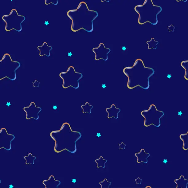 Vector illustration of Starry Night Abstract Background. Seamless Pattern With Many Outline Stars of different size. Bubble stars Elements On Dark Blue Sky.