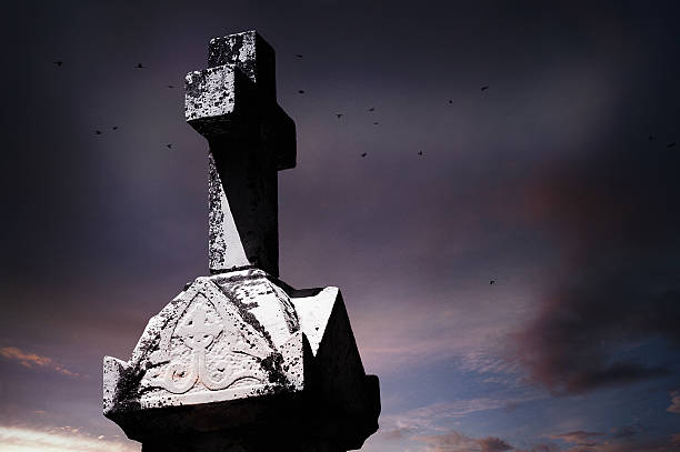 istock Old cross tombstone, moody sky background 176568478