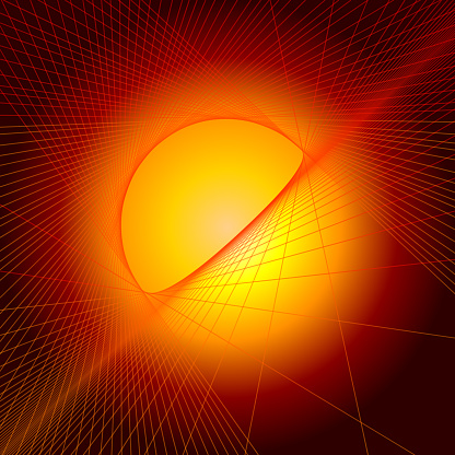 This captivating image presents an abstract design reminiscent of a glowing sun or perhaps a planet encircled by radiant rings. The luminous core, saturated with a vivid orange hue, emanates an intense warmth and light, evoking celestial imagery. Surrounding this core is an intricate web of fine lines, creating patterns that suggest orbits or rings typically seen around planets. These lines interweave in a mesmerizing manner, adding depth and movement to the scene. The backdrop is illuminated with a soft glow, enhancing the ethereal and cosmic feel of the composition.