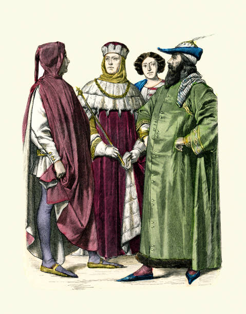ilustraciones, imágenes clip art, dibujos animados e iconos de stock de italia medieval, joven, senador de roma, noble veneciano, siglo xiv italiano, historia de la moda - moda de la edad media