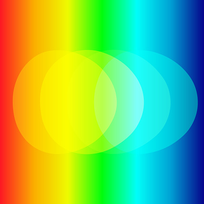 This image radiates a beautiful spectrum of colors, transitioning smoothly from one hue to the next, creating a mesmerizing rainbow gradient. Centrally placed on this backdrop are three overlapping translucent ovals, each one taking on the colors of the gradient behind it. The overlapping regions generate intriguing new colors and shades. The design embodies both harmony and contrast, with the soft shapes contrasting against the vividness of the spectrum. This artwork could be symbolic of unity, diversity, or the blending of ideas. It's perfect for a variety of applications, from modern design projects to presentations promoting inclusivity and diversity.