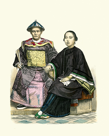 Vintage illustration of Merchant of Penang in festival costume, Chinese woman of Macau, History of fashion 19th Century
