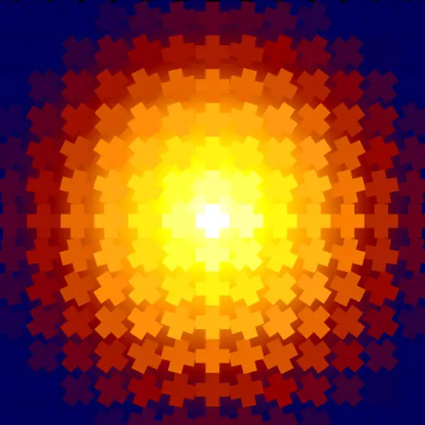 Vector illustration of Explosion of warm colors in a pixelated radial pattern with a distinct plus-shaped design on a deep blue background.