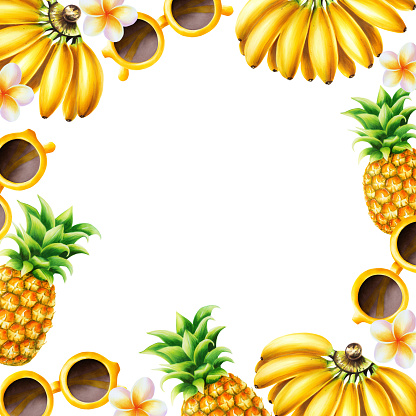 Watercolor frame and logo with bunch of ripe bananas, pineapple, sunglasses and frangipani flower. Tropical fruit isolated on white background. For designers, spa decoration, postcards, wedding, greetings, wallpapers, wrapping paper, scrapbooking, covers, invitations, posters and textile.