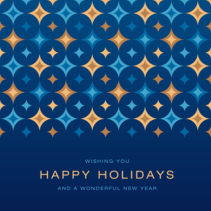 Retro style seamless Christmas pattern with Happy Holidays text. Blue and gold abstract stars repeat. Mid-Century style pattern.