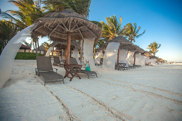istock Beach beds near big palmtree at tropical exotic white plage 176571162