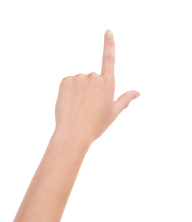 Female hand isolated on white background. White woman's hand showing symbols and gestures. Gesture calling for order. Gesture giving direction