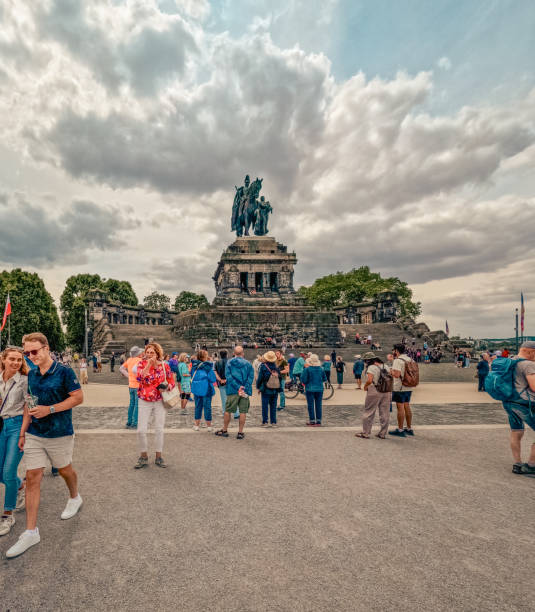 Koblenz, Germany Europe, July 22, 2023, Tourists Sightseeing at the The Deutsches Eck Statue