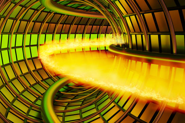 Atomic nuclei of hydrogen are accelerated in a tunnel reactor to hit each another to generate sun-like power. Illustration of nuclear fusion and its sustainability and clean energy Atomic nuclei of hydrogen are accelerated in a tunnel reactor to hit each another to generate sun-like power. Illustration of nuclear fusion and its sustainability and clean energy high energy physics stock pictures, royalty-free photos & images