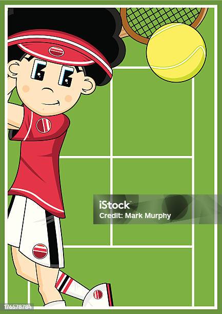 Cute Cartoon Tennis Boy Stock Illustration - Download Image Now - Backhand Stroke, Baseline, Brown Hair