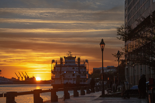 Savannah River Street Sunrise with River Boat- Savannah, Georgi