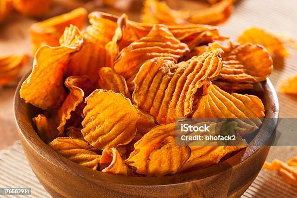 Crispy Orange Sweet Potato Chips Stock Photo - Download Image Now - Baked, Bowl, Crunchy