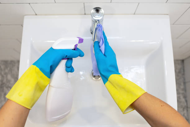 Woman cleaning the bathroom