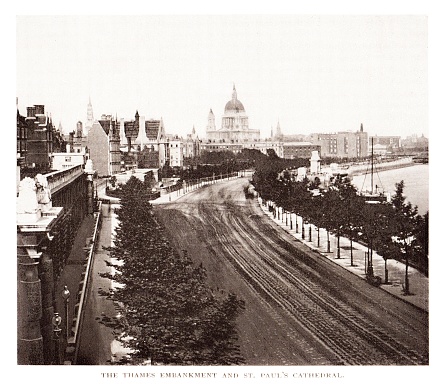 St. Paul's Cathedral by the Thames River in London, England, UK. Sepia-toned photograph engraving published 1892.  This edition is in my private collection. Copyright has expired and is in Public Domain.