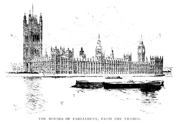 British Houses of Parliament on the Thames River in London, England, UK. Illustration engraving published 1892.  This edition is in my private collection. Copyright has expired and is in Public Domain.