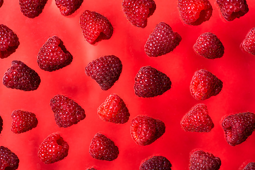 Falling ripe juicy raspberries on red background. Full frame background