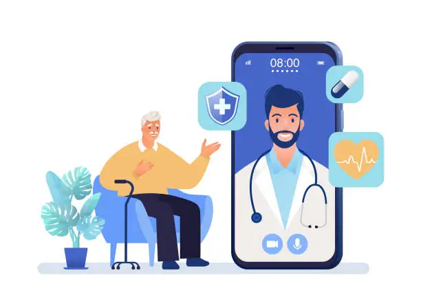 Vector illustration of Medical care and health plan for seniors concept. Senior men seeking medical advice with doctor using smartphone app. Vector flat cartoon illustration.