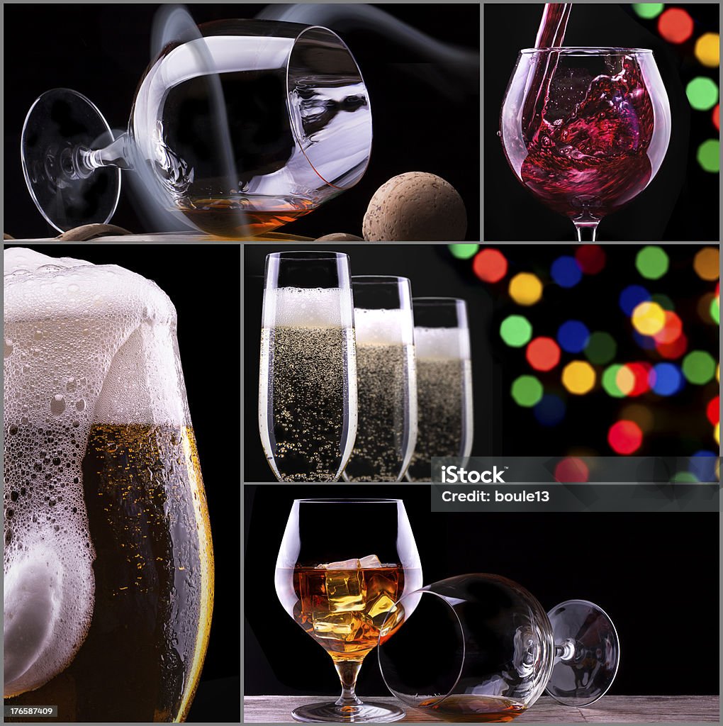 alcohol bebidas collage aislado en negro - Foto de stock de Adicción libre de derechos