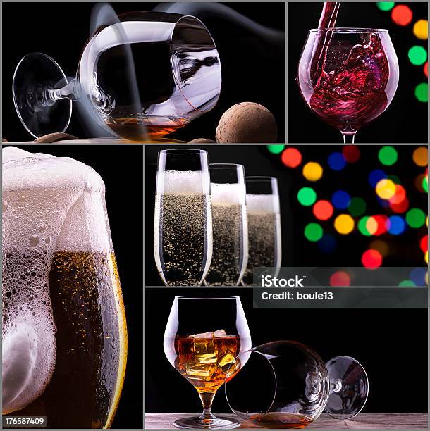 Alcohol Bebidas Collage Aislado En Negro Foto de stock y más banco de imágenes de Adicción - Adicción, Alegría, Alimento
