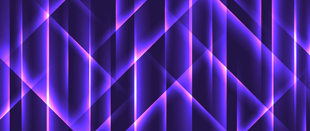 Purple glowing neon trails background. Abstract crystal facet shine wallpaper. Futuristic highlights and rays template for banner, invitation, presentation, poster, brochure, leaflet. Vector backdrop
