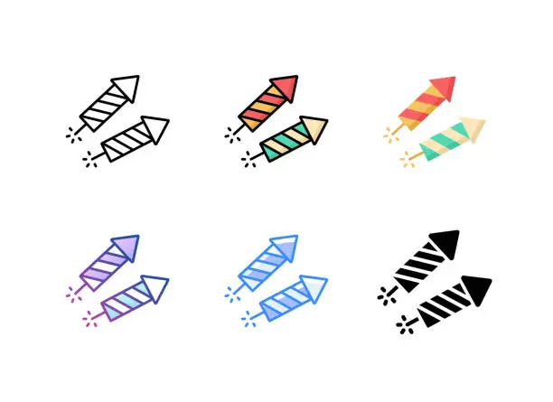 Vector illustration of Firework rocket icon. 6 Different styles. Editable stroke.