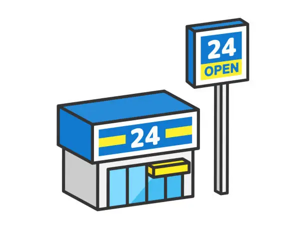 Vector illustration of Illustration of the exterior of a convenience store (3D line drawing).