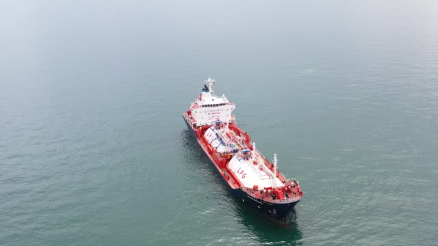 Aerial view of Oil ship tanker in transit.
