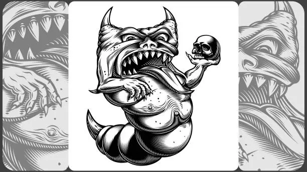 Vector illustration of Horned monster holds a skull