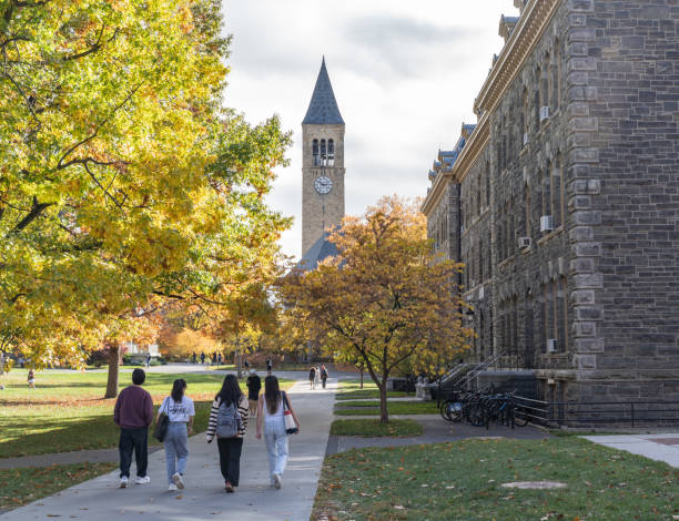 Cornell University Campus Ithaca, New York, October 25, 2022: Students walking on Cornell University Campus with McGraw Clock Tower in background. cornell university stock pictures, royalty-free photos & images