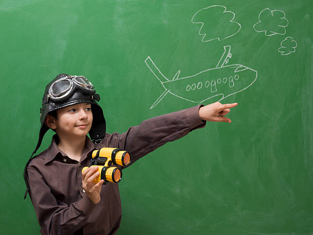 istock Little boy with flying goggles holding binoculars and pointing forward 176595658