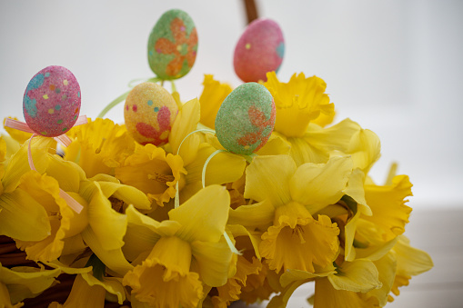 Close up of decorative arrangement of yellow daffodils with colorful eggs on top.