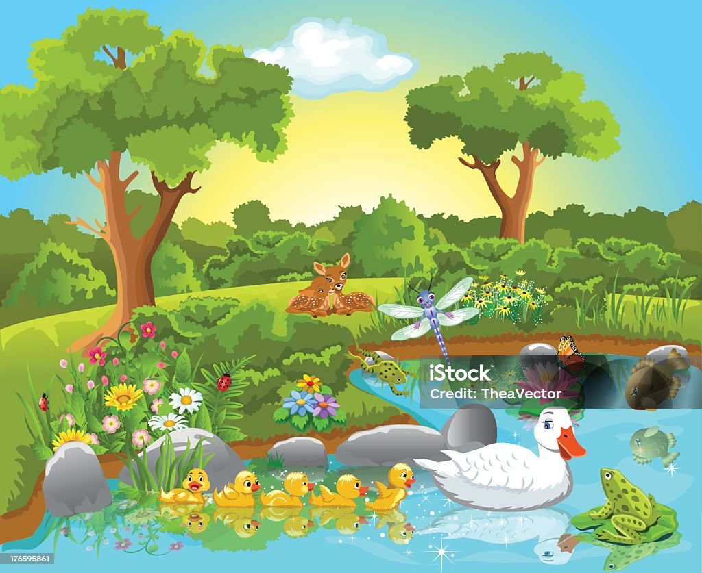 Spring time depiction of animals by a pond vector illustration of life on pond, with cute animals living happily together Animal stock vector