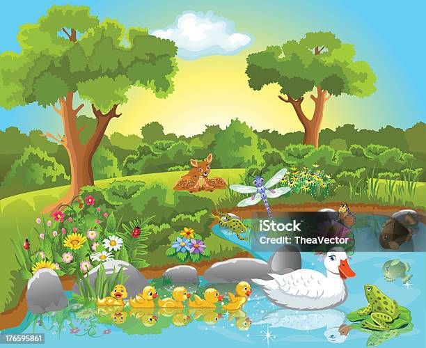 Spring Time Depiction Of Animals By A Pond Stock Illustration - Download Image Now - Animal, Nature, Landscape - Scenery