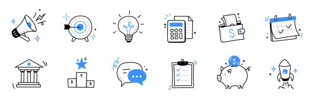 ilustrações de stock, clip art, desenhos animados e ícones de hand drawn business, money icon set. finance, money, marketing sketch drawn cute trendy doodle icon. business money, finance calculator, economic elements. vector - winners podium audio