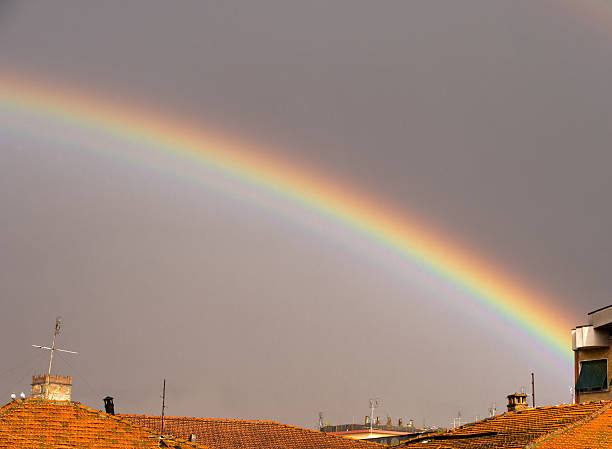 istock Wet red roofs and rainbow sky - golden evening light 176596743
