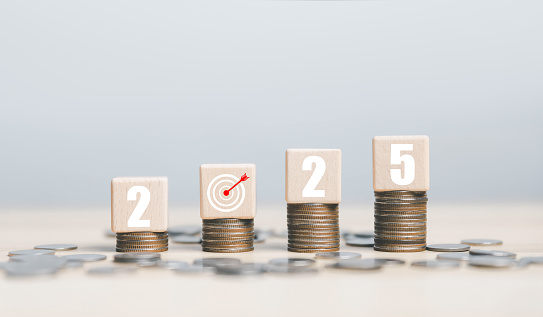 Growing Coins 2025 Stock Photo - Download Image Now - 2025, Achievement