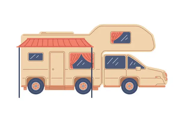 Vector illustration of Camping car for travel, vector illustration in cartoon flat style.