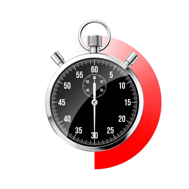 istock Realistic classic stopwatch. Shiny metal chronometer, black time counter with dial. Red countdown timer showing minutes and seconds. Time measurement for sport, start and finish. Vector illustration 1765993420