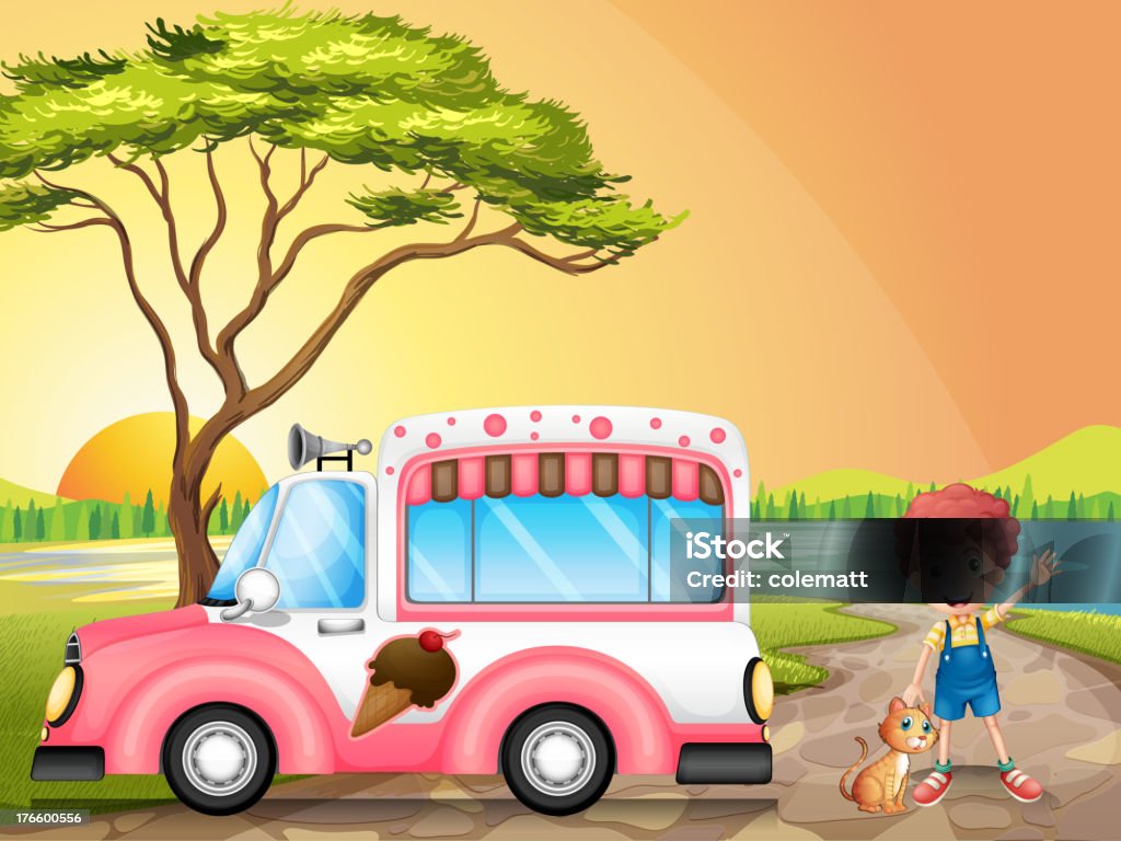 少年、猫のそば、icecream トラック - 1人のロイヤリティフリーベクトルアート