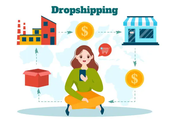 Vector illustration of Dropshipping Business Vector Illustration with Businessman Open E-commerce Website Store and Let Supplier Ship Product in Flat Cartoon Background