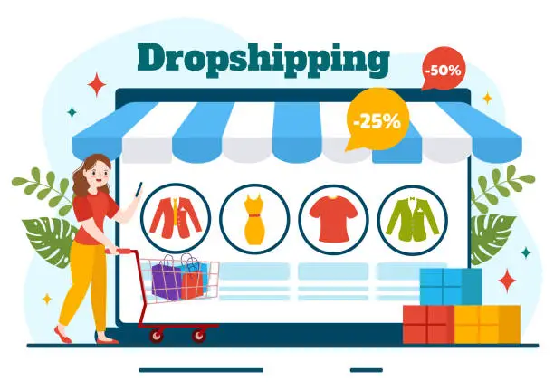 Vector illustration of Dropshipping Business Vector Illustration with Businessman Open E-commerce Website Store and Let Supplier Ship Product in Flat Cartoon Background