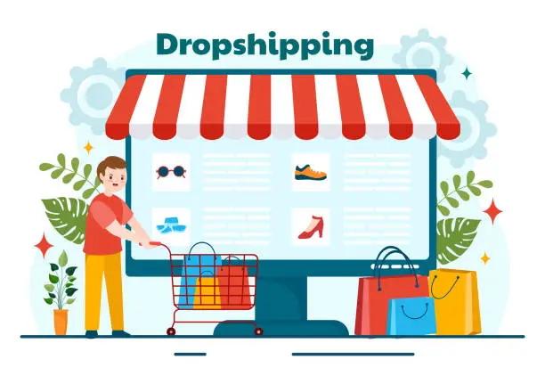 Vector illustration of Dropshipping Business Vector Illustration with Businessman Open E-commerce Website Store and Let Supplier Ship Product in Flat Cartoon Background